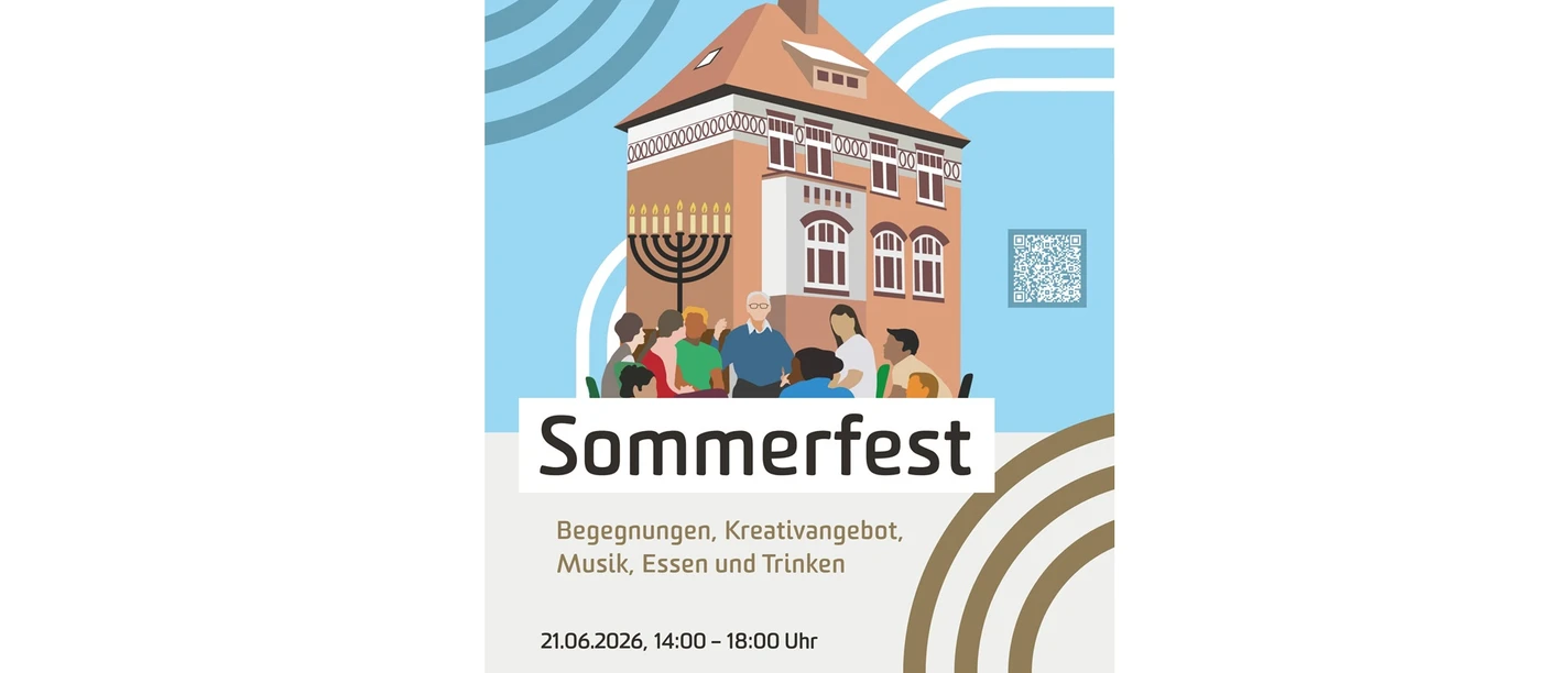 Sommerfest.jpg Plakat: Eine diverse Gruppe feiert das Sommerfest vor der ehemaligen Jüdischen Schule in Leer.
