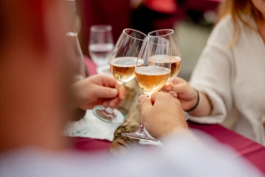 Waldbröler Weinfest Mehrere Personen stoßen mit gefüllten Weingläsern bei einem Fest an.