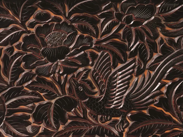 Tray with bird and peony motifs (detail), Song Dynasty (960–1279) Intricately carved lacquer relief depicting a bird among leaves and a large peony blossom