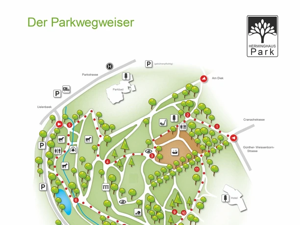 Übersichtskarte des Herminghausparks Velbert mit Wegen, Spielplatz, Tiergehege und Freizeitangeboten.