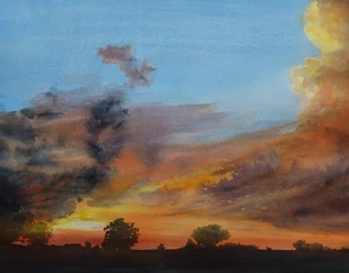 Kunst-Burning sky-by Christine Schönmetzler.jpg Abendhimmel mit dunklen Wolken über Landschaft