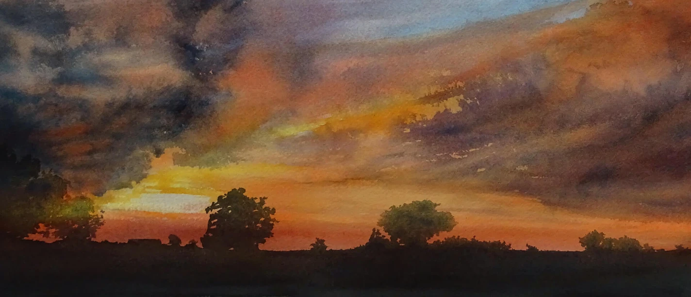 Kunst-Burning sky-by Christine Schönmetzler.jpg Abendhimmel mit dunklen Wolken über Landschaft