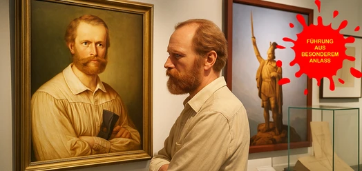 Mann betrachtet ein Porträt von Ernst von Bandel in einer Ausstellung zur Varusschlacht