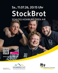 StockBrot Plakat zum Schloss Homburg Open Air: StockBrot, vier Bandmitglieder vor dunklem Hintergrund