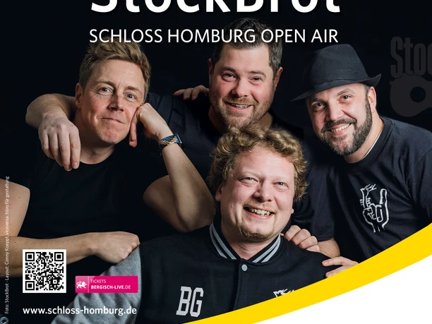 StockBrot Plakat zum Schloss Homburg Open Air: StockBrot, vier Bandmitglieder vor dunklem Hintergrund