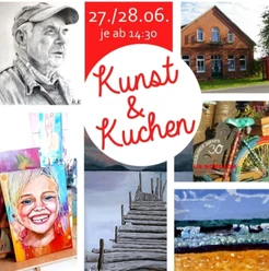 Kunst und Kuchen.png Eine Bildcollage bewirbt die Veranstaltung Kunst & Kuchen am 27./28.06. mit diversen Kunstwerken.