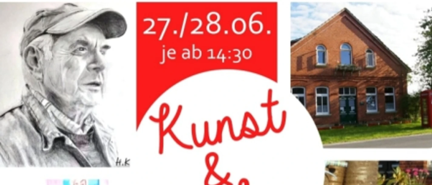 Kunst und Kuchen.png Eine Bildcollage bewirbt die Veranstaltung Kunst & Kuchen am 27./28.06. mit diversen Kunstwerken.