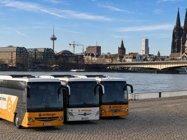 Drei Busse vor Kölner Dom Drei Reisebusse von Eichberger stehen auf einem Parkplatz am Rheinufer. Auf der gegenüberliegenden Flussseite sind der Kölner Dom, die Hohenzollernbrücke und weitere Gebäude der Stadt unter einem klaren Himmel zu sehen.