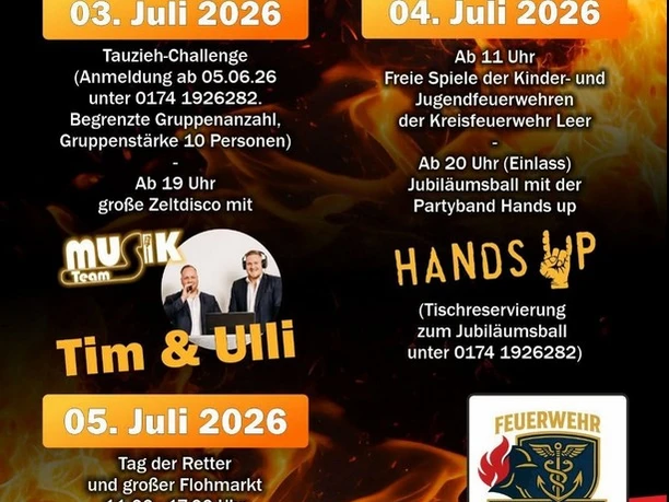150 Jahre Feuerwehr Westrhauderfehn Plakat zum 150-jährigen Jubiläum der Feuerwehr Westrhauderfehn vom 3. bis 5. Juli 2026.