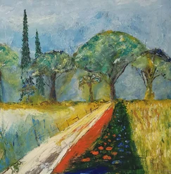 Toskana.jpg Gemälde einer toskanischen Landschaft mit Zypressen, einem Weg und Mohnblumen am Wegesrand.