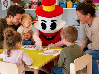 A family is doing crafts and laughing together with the mascot Lükko at a table.