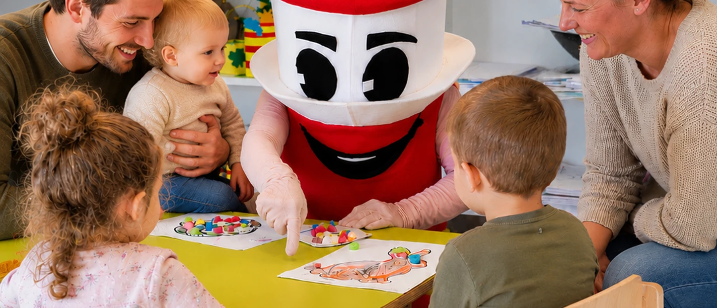 Spielgruppe Lükko-Leuchtturm-Kinderhaus A family is doing crafts and laughing together with the mascot Lükko at a table.