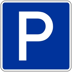 Blaues Parkplatzschild mit weißem P auf rechteckigem Grund.