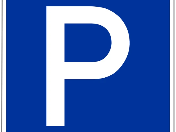 Blaues Parkplatzschild mit weißem P auf rechteckigem Grund.