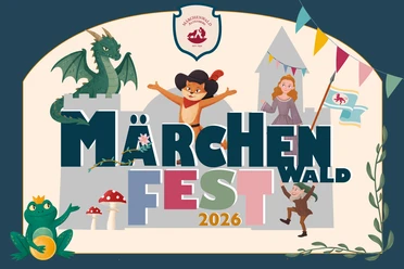 Märchenwaldfest 2026 Illustration zum Märchenwaldfest 2026 mit Drache, Froschkönig, Katze und Prinzessin