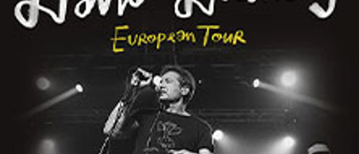 Schwarzweißes Tourplakat: David Duchovny singt auf der Bühne, Schriftzug European Tour.