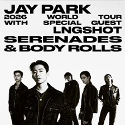 Schwarz-weißes Jay-Park-Tourplakat mit fünf Künstlerporträts und großem Konzerttitel