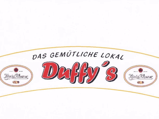 Logo Das Bild zeigt das Logo von Duffy`s. Die Aufschrift lautet "Duffy`s - das gemütliche Lokal". Zudem hat das Design eine geschwungene Form mit einem weißen Hintergrund und roten Schriftzügen.