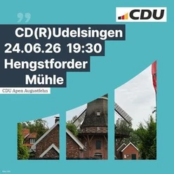 Kachel Rudelsingen Mühle.jpg Grafik der CDU Apen: Einladung zum CD(R)udelsingen am 24.06.26 um 19:30, Hengstforder Mühle.