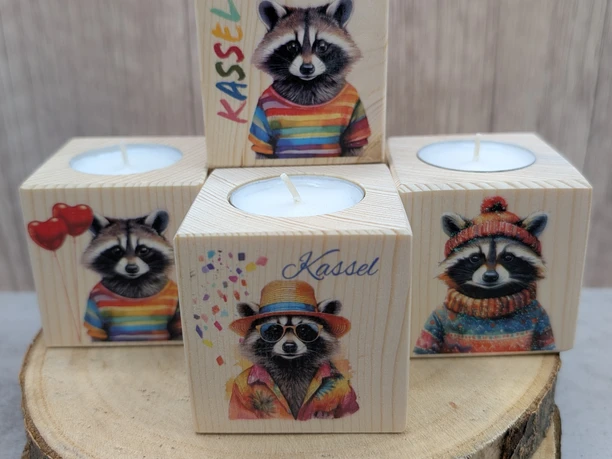 Es befinden sich vier Kerzenwürfel auf dem Bild. Auf jeden Kerzenwürfel ist ein anderes Waschbärenmotiv abgebildet. Die Kerzenwürfel stehen auf Holz.