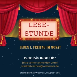 Lesestunde.jpg Grafik für die Lesestunde: Rote Theatervorhänge umrahmen eine leuchtende Anzeigetafel.