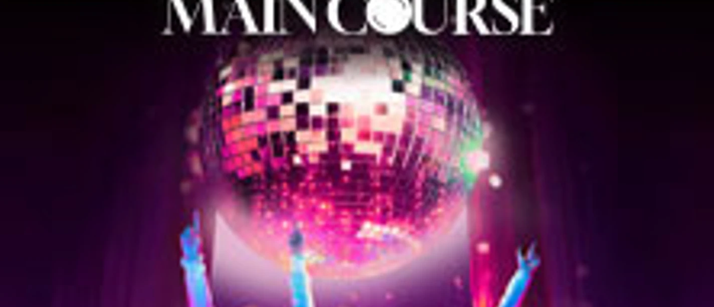 Eventplakat zu Bee Gees by Maincourse mit Discokugel und tanzenden Künstlern auf der Bühne