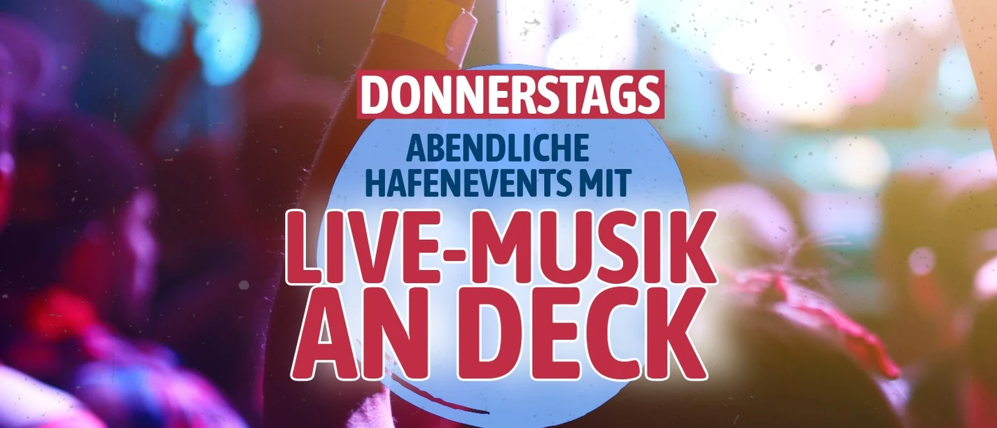 Greetsiel Abendfahrten MS Atlantis Grafik zu den Hafenevents in Greetsiel: Donnerstags Live-Musik an Deck der MS Atlantis.