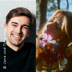 Porträtcollage mit lächelndem Musiker und Frau mit Blumen im warmen Sonnenlicht