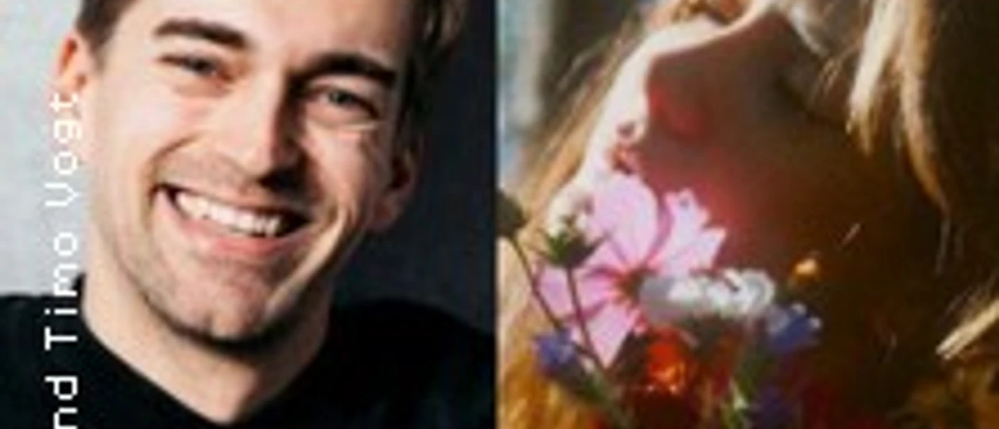 Porträtcollage mit lächelndem Musiker und Frau mit Blumen im warmen Sonnenlicht