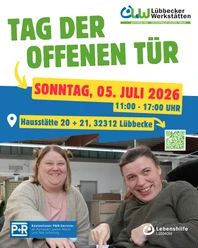 Tag der offenen Tür - Lübbecker Werkstätten Tag der offenen Tür der Lübbecker Werkstätten am 5. Juli 2026 mit zwei lächelnden Frauen.