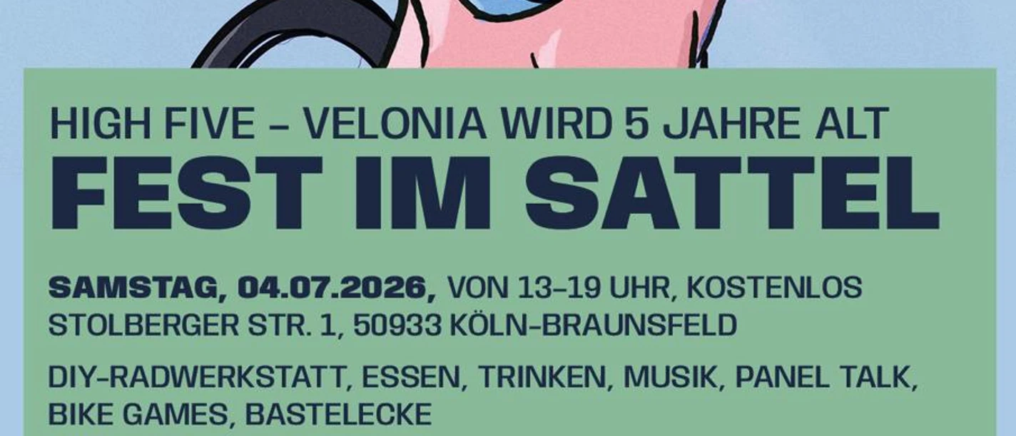 FEST im Sattel 2026 Illustration einer Hand am Fahrradlenker, Flyer zu Velonias Fest im Sattel 2026