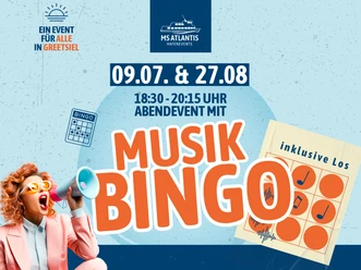 AG EMS Musik Bingo Plakat zum Musik Bingo in Greetsiel. Eine Frau mit Megafon und eine Bingo-Karte mit Musiknoten.