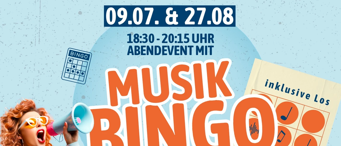 AG EMS Musik Bingo Plakat zum Musik Bingo in Greetsiel. Eine Frau mit Megafon und eine Bingo-Karte mit Musiknoten.