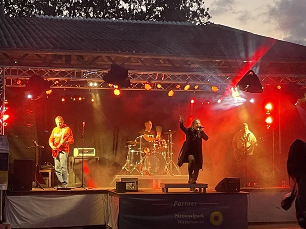 Salzwiesn-Deichbrett.jpeg Bühne mit viel Lichttechnik - Rockband mit singender Frontfrau