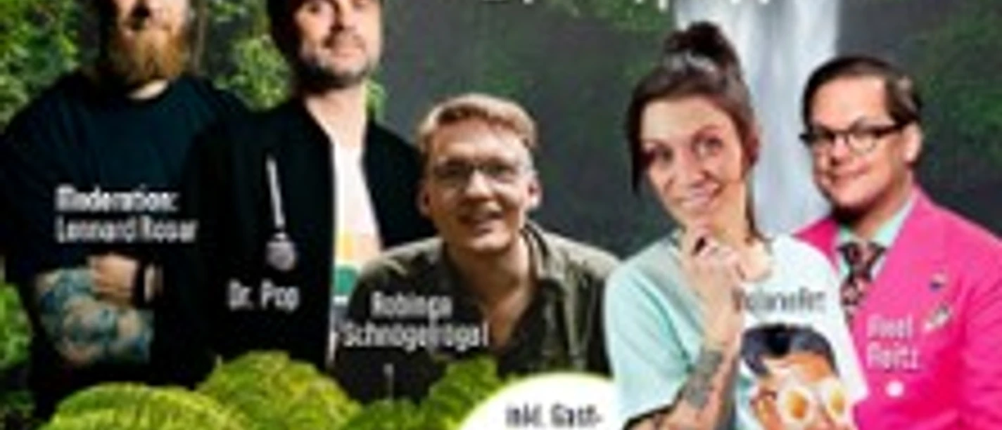Buntes Comedy-for-Future-Plakat mit fünf Comedians, Blumenwiese und Fun-Facts-Motiv