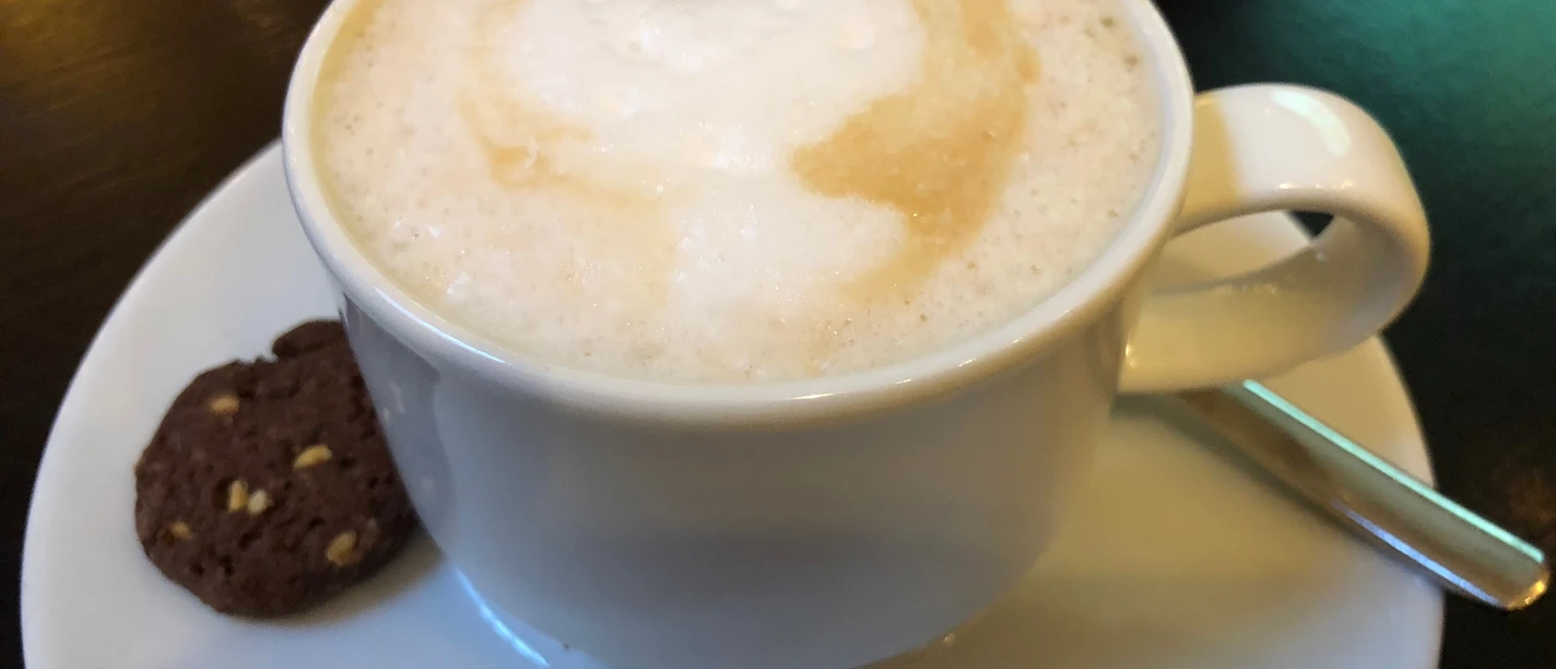 Kaffeetasse Cappuccino mit reichhaltigem Milchschaum und Keks auf einer weißen Untertasse, leicht von oben betrachtet.