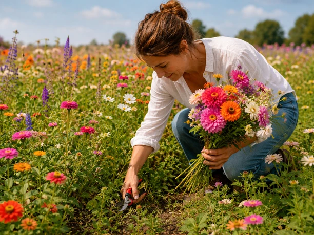 FraubeimBlumenschneiden.png Frau beim Blumenschneiden auf einem Feld