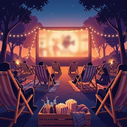 Sommerkino Open-Air-Kino mit Zuschauern in Liegestühlen vor einer Leinwand unter Lichterketten am Abend.