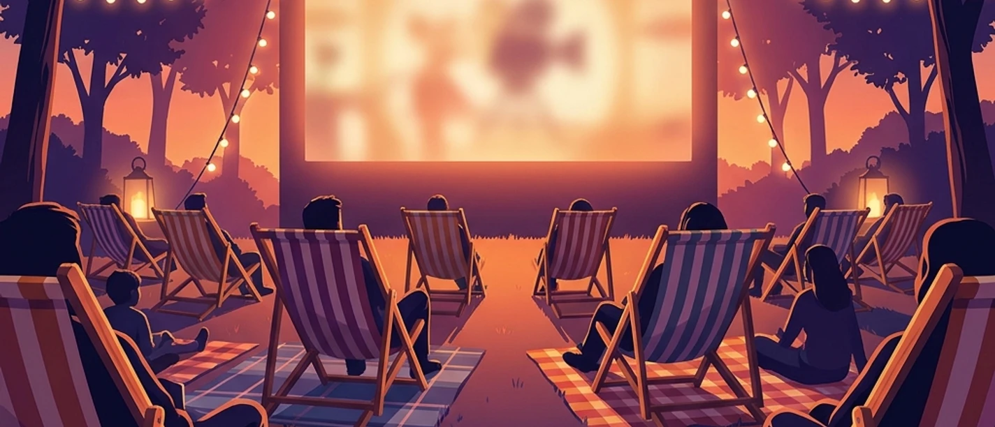 Sommerkino Open-Air-Kino mit Zuschauern in Liegestühlen vor einer Leinwand unter Lichterketten am Abend.