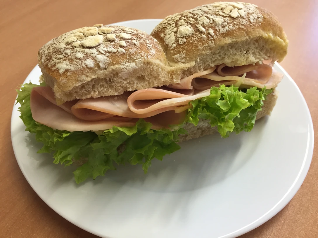 Ein belegtes Mehrkornbrötchen mit grünem Salat und Scheiben fein geschnittener Putenbrust auf Teller.A topped multigrain roll with green salad and slices of finely sliced turkey breast on a plate.En toppet flerkornsbolle med grøn salat og skiver af fintskåret kalkunbryst på en tallerken.Een belegd meergranenbroodje met groene salade en plakjes fijngesneden kalkoenfilet op een bord.