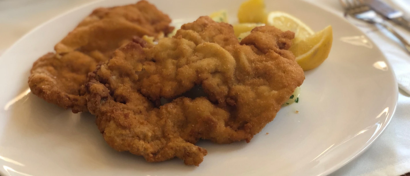 Two golden-brown fried schnitzels with lemon slices served on a white plate.