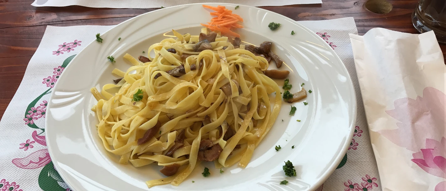 Tagliatelle pasta met gebakken champignons, gegarneerd met wortel en peterselie op een wit bord.