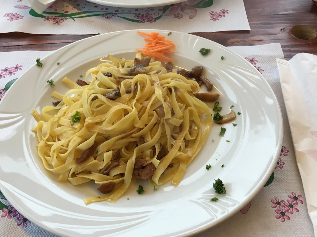 Nudeln mit Pilzen Tagliatelle-Nudeln mit sautierten Pilzen, garniert mit Karotten und Petersilie auf einem weißen Teller.