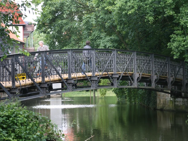02-Herthabrücke.jpg Herthabrücke aus schwarzem Metall überspannt einen grünen Wasserlauf, umgeben von üppigen Bäumen.