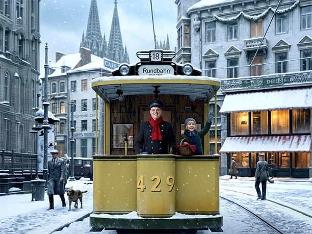 Christmas in Old Cologne - A Contemplative Journey Through Time A historic streetcar in snow-covered Cologne in front of the cathedral, with a driver and a child waving