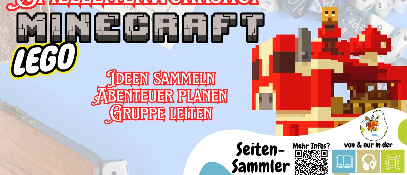 2026_07_20_SeSam_SpielleiterworkshopMinecraft_Veranstaltungskalender.png Werbegrafik: Spielleiterworkshop Minecraft & Lego. Eine Pixelfigur reitet, im Hintergrund Würfel.