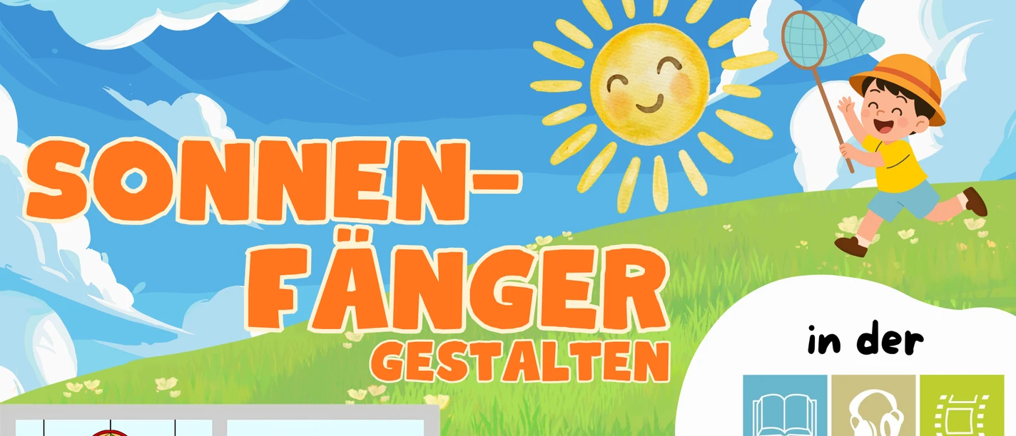 2026_08_06_LeseSommer_SonnenfängerGestalten_Veranstaltungskalender.png Illustration der Veranstaltung "Sonnenfänger gestalten": Ein Junge fängt eine lachende Sonne.