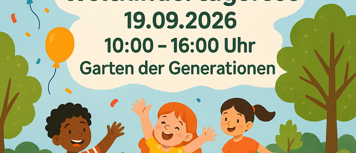 f7549a13-00ec-474d-8745-f546bfbfad87.png Plakat zum Weltkindertagsfest mit einer Zeichnung von fröhlich spielenden Kindern auf einer Wiese.