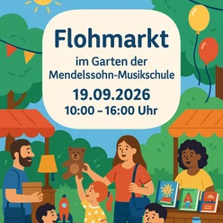 e9ea322c-c8c2-410b-af1d-9c339c039d37.png Bunte Zeichnung eines Flohmarkts für Familien. Ein Kind bekommt einen Teddybären am Verkaufsstand.