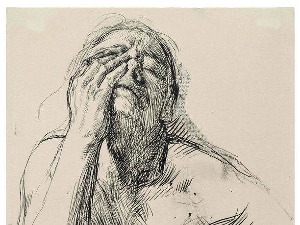 Käthe Kollwitz, Frauenstudie zu »Zertretene«, 1900, Blatt 4 der »Richter-Mappe«, Lichtdruck, 1920 Expressive Käthe-Kollwitz-Zeichnung einer verzweifelten Figur mit Hand vor dem Gesicht